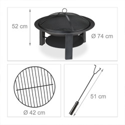 Braséro de jardin XXL avec pare-étincelles en fonte et acier – Diamètre : 52 cm – H.74 cm