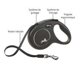 Laisse sangle à enrouleur Flexi New Classic pour chien Taille XS / 12 kg – 3 m – Noir
