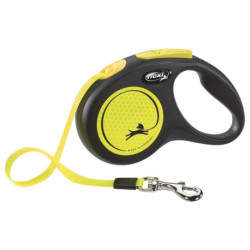 Laisse sangle à enrouleur Flexi Néon pour chien Taille S / 15 kg – 5 m – Noir et Jaune Fluo