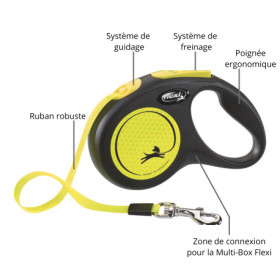 Laisse sangle à enrouleur Flexi Néon pour chien Taille L / 50 kg – 5 m – Noir et Jaune Fluo