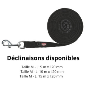 Laisse de suivi - longe en coton avec dragonne doublée Taille M - L. 5 m x l.20 mm – Noir