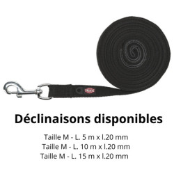 Laisse de suivi - longe en coton avec dragonne doublée Taille M - L. 5 m x l.20 mm – Noir