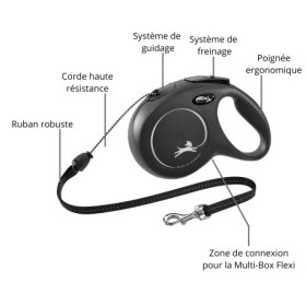 Laisse cordon à enrouleur Flexi New Classic pour chien Taille M / 20 kg – 8 m – Noir