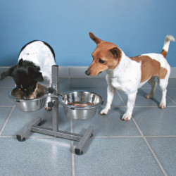 Porte gamelles réglable en métal avec 2 gamelles en acier inoxydable 0,75 L Ø17 cm – Hauteur réglable : 27 cm