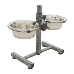 Porte gamelles réglable en métal avec 2 gamelles en acier inoxydable 0,75 L Ø17 cm – Hauteur réglable : 27 cm