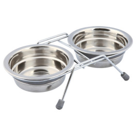 Lot de 2 gamelles anti-bruit en acier inoxydable avec support en métal chromé – Gamelle de 0,45 L Ø13 cm