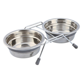 Lot de 2 gamelles anti-bruit en acier inoxydable avec support en métal chromé – Gamelle de 0,9 L Ø16 cm