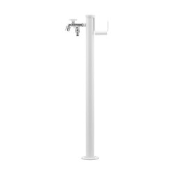 Fontaine de jardin Olbia en aluminium avec support tuyau et double robinets – 11 x 26 x 88 cm - Blanc