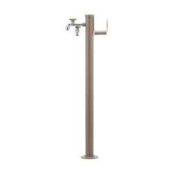 Fontaine de jardin Olbia en aluminium avec support tuyau et double robinets – 11 x 26 x 88 cm - Taupe