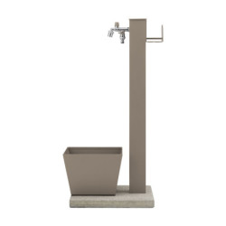 Fontaine de jardin Trapani en acier double robinets et support tuyau avec bac et socle – 40 x 40 x 89 cm - Taupe