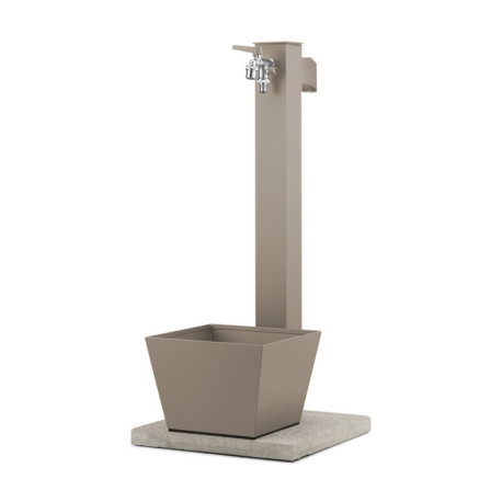 Fontaine de jardin Trapani en aluminium double robinets et support tuyau avec bac et socle – 40 x 40 x 89 cm - Taupe