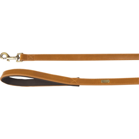 Laisse Lyabo en simili cuir avec poignée souple en néoprène – L.1,3 m – l.15 mm – Ep. 3 mm - Cognac
