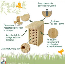 Hôtel pour abeilles solitaires Maya en pin douglas certifié PEFC et épicéa fabriqué en France – 16 x 21 x 30 cm
