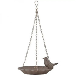 Bain oiseaux à suspendre avec oiseau décoratif – Fonte et métal – 16 x 16 x 7,6 cm - Marron