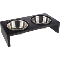 Lot de 2 gamelles en acier inoxydable avec support en MDF Noir