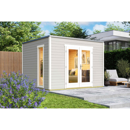 Abri de jardin Palermo 1 - 8.67m² - 3x3 m – bois peint Gris clair– Toit feutre bitumeux