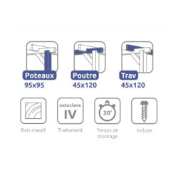 Pergola autoportante Cambados en bois massif traité autoclave de 21,4 m² - 5,1 x 4,2 m – Sans toiture