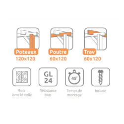 Pergola autoportée Tarragona en bois lamellé-collé traité de 9 m² - 3 x 3 m – Sans toiture