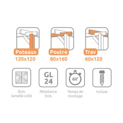 Pergola autoportée Alicante en bois lamellé-collé de 24 m² - 6 x 4 m – Sans toiture
