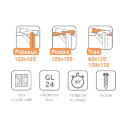 Pergola autoportée Santander en bois lamellé-collé de 15 m² - 5 x 3 m – Sans toiture