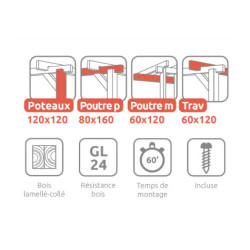 Pergola adossée Palma en bois lamellé-collé de 9 m² - 3 x 3 m – Sans toiture