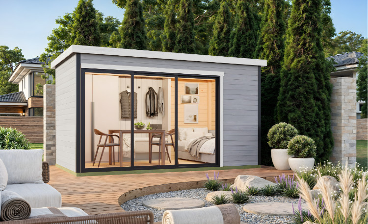 Abri de jardin en bois LASITA AUSTIN 4 – 9,51 m² – 44 mm – Gris Clair
