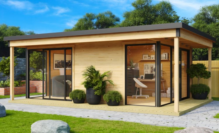Abri de jardin en bois LASITA Domeo 3 Loggia – 22,80 m² – 44 mm – Finition Naturelle