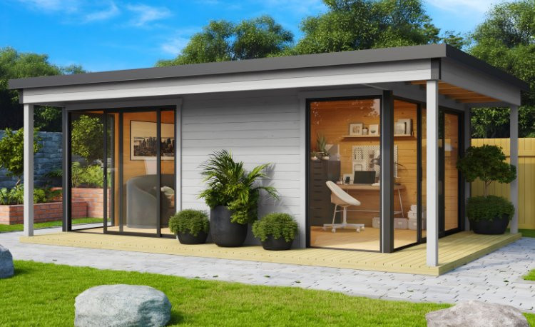 Abri de jardin en bois LASITA Domeo 3 Loggia – 22,80 m² – 44 mm – Gris Clair