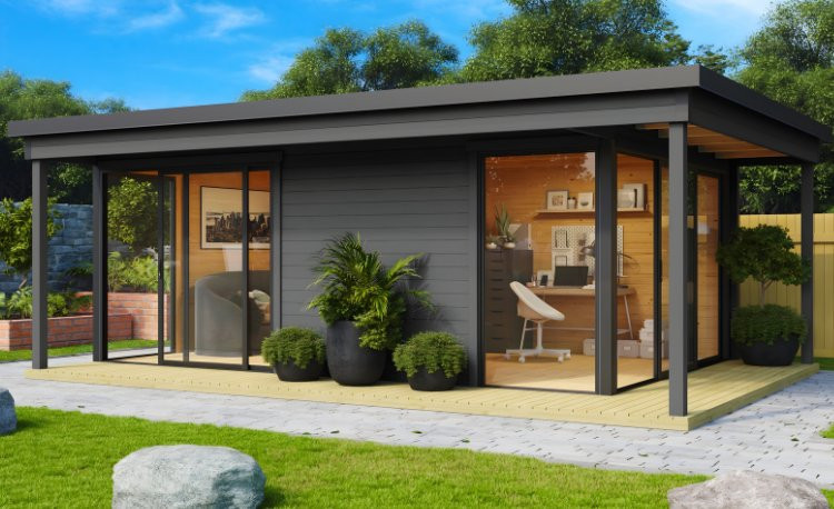 Abri de jardin en bois LASITA Domeo 3 Loggia – 22,80 m² – 44 mm – Gris Anthracite
