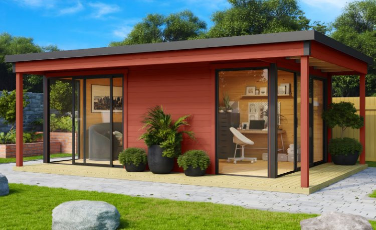 Abri de jardin en bois LASITA Domeo 3 Loggia – 22,80 m² – 44 mm – Rouge Suédois