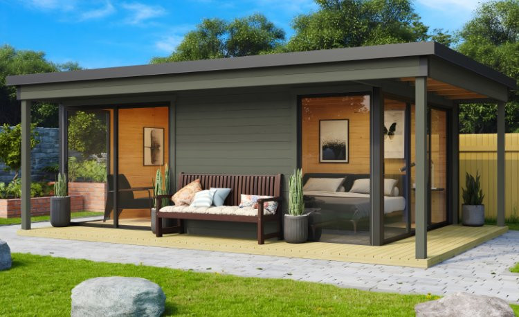 Abri de jardin en bois LASITA Domeo 3 Loggia – 22,80 m² – 44 mm – Gris Vert