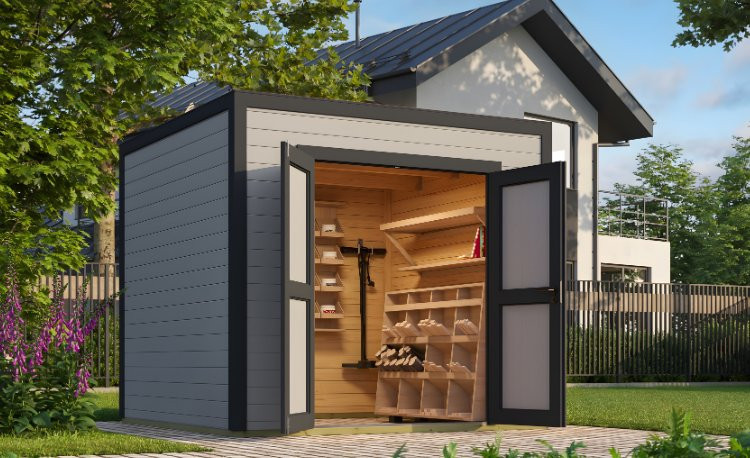 Abri de jardin en bois LASITA FYNN 1,5 - 4.75m²  (28 mm) - GRIS CLAIR.