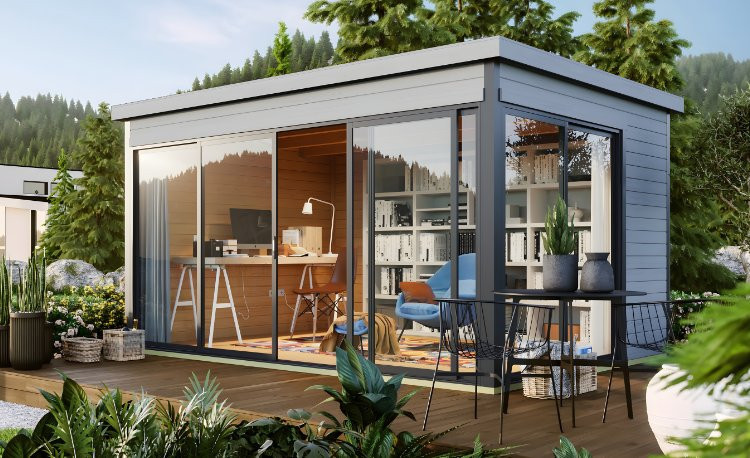 Abri de jardin en bois LASITA Domeo 4 – 12,82 m² – 44 mm – Gris Clair