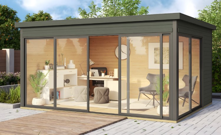 Abri de jardin en bois LASITA Domeo 4 – 12,82 m² – 44 mm – Gris Vert