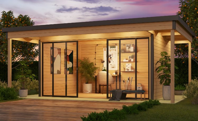 Abri de jardin en bois LASITA Domeo 4 Loggia – 22,38 m² – 44 mm – Finition Naturelle