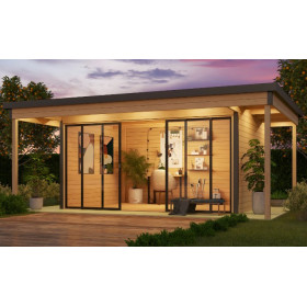 Abri de jardin en bois LASITA Domeo 4 Loggia – 22,38 m² – 44 mm – Finition Naturelle