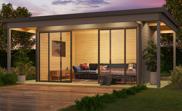 Abri de jardin en bois LASITA Domeo 4 Loggia – 22,38 m² – 44 mm –Gris Clair