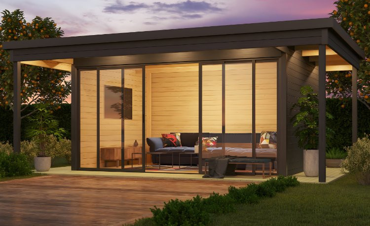 Abri de jardin en bois LASITA Domeo 4 Loggia – 22,38 m² – 44 mm –Gris Anthracite