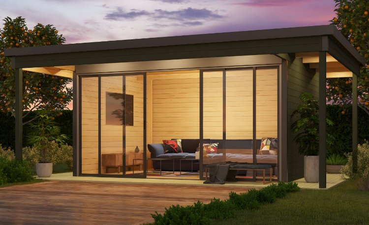 Abri de jardin en bois LASITA Domeo 4 Loggia – 22,38 m² – 44 mm – Gris Vert