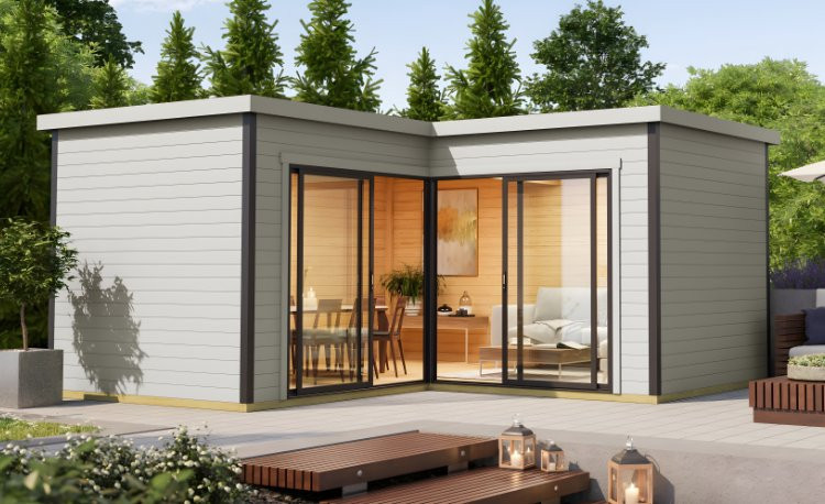 Abri de jardin en bois LASITA Domeo 6 – 17,90 m² – 44 mm – Gris Clair