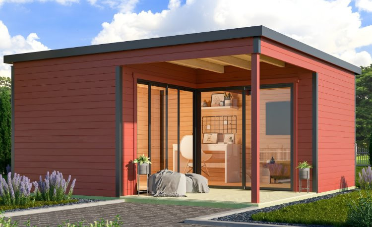 Abri de jardin en bois LASITA Domeo 6 Loggia – 23,82 m² – 44 mm – Rouge Suédois