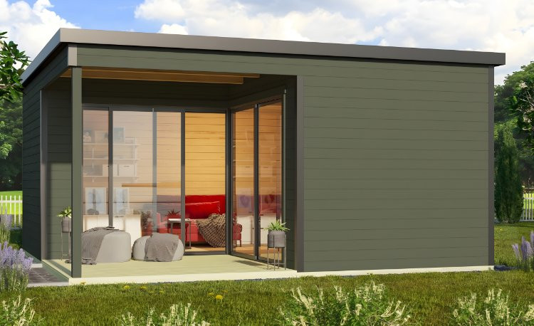 Abri de jardin en bois LASITA Domeo 6 Loggia – 23,82 m² – 44 mm – Gris Vert