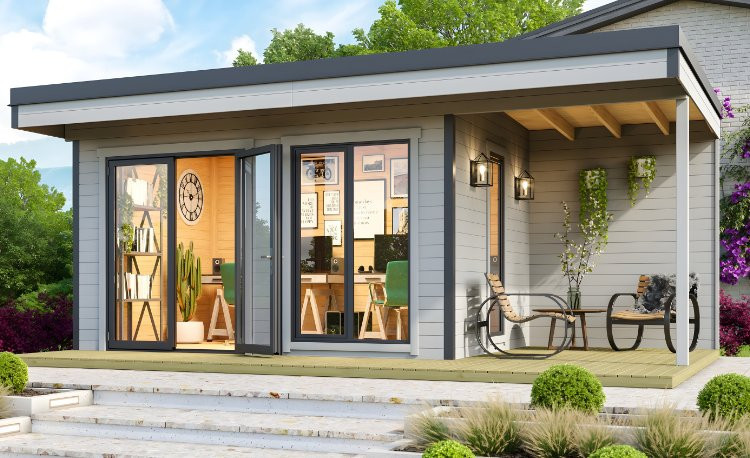 Abri de jardin en bois LASITA Domeo 7 – 11,39 m² – 44 mm – Gris Clair