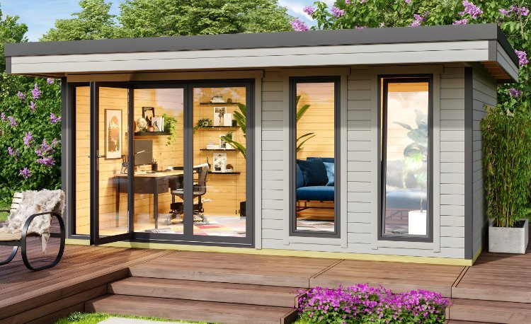 Abri de jardin en bois LASITA Domeo 8 – 19,22 m² – 44 mm – Gris Clair