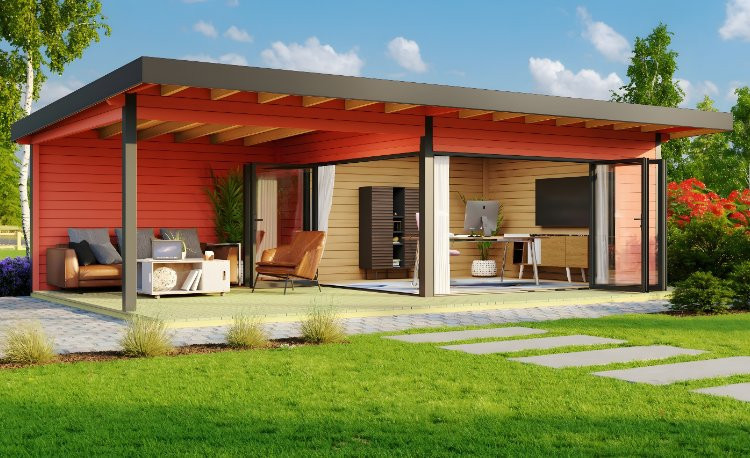 Abri de jardin en bois LASITA Domeo 10 – 46,93 m² – 44 mm – Rouge Suédois