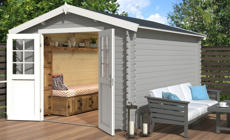 Abri de jardin en bois LASITA NORAH 380 - 10,09m² (28mm)  GRIS CLAIR