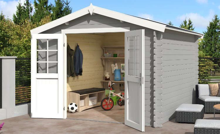 Abri de jardin en bois LASITA NORAH 275 - 7,26m² (28mm) GRIS CLAIR