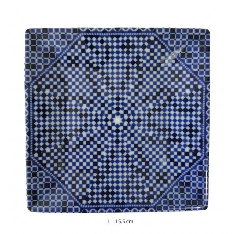 Assiette plate carrée en porcelaine 15,5 x 15,5 cm bleue